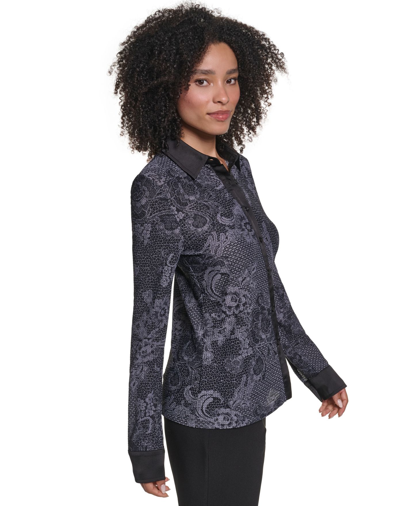 Женская блузка KARL LAGERFELD PARIS Petite KL2008 Long-Sleeve Button-Up Point Collar Blouse, цвет: Чёрный / Графитовый меланжевый — фото 3