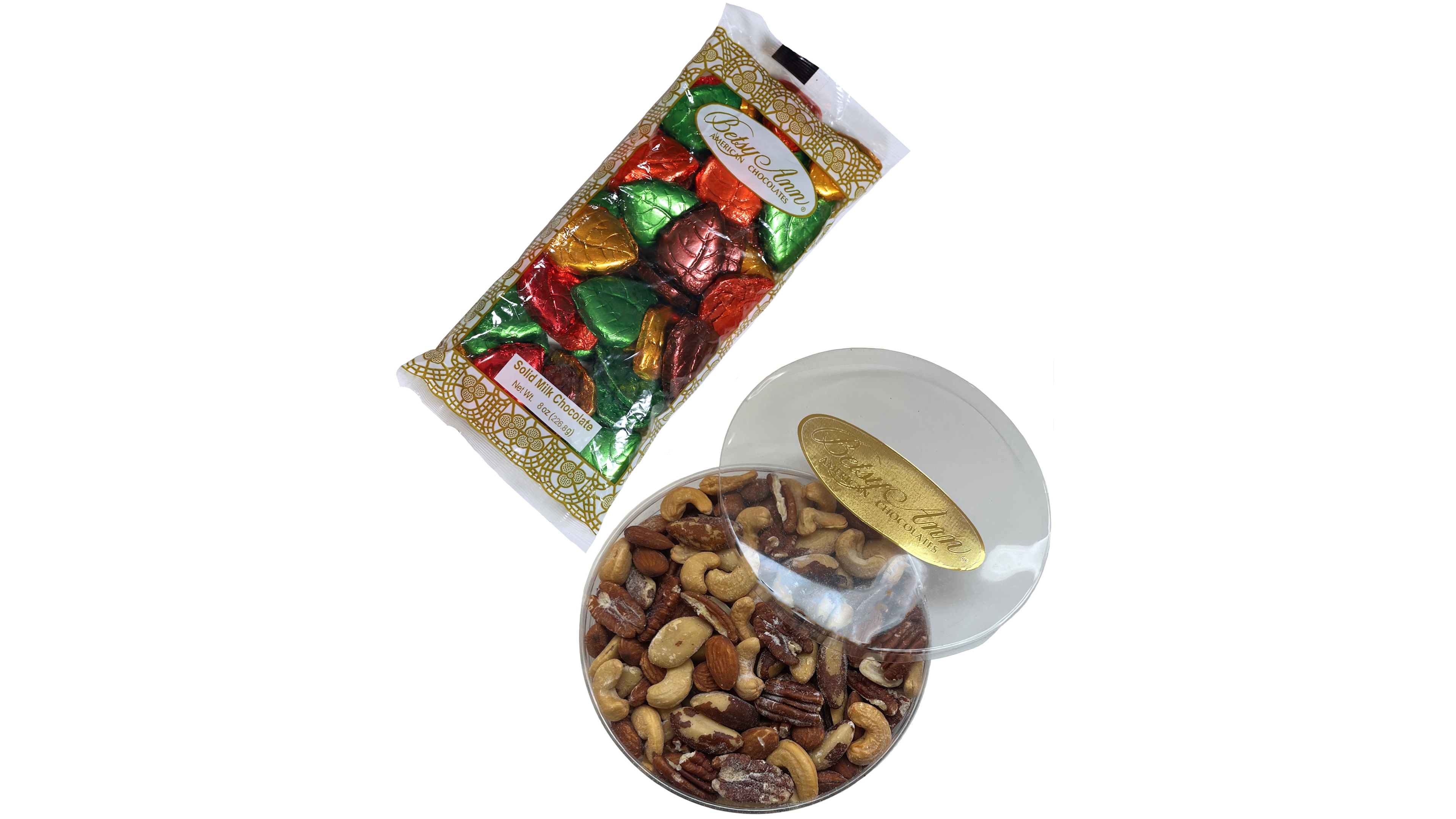 Betsy Ann Chocolates Harvest Milk Chocolate Foil Leaves Deluxe Mixed Nuts, 2 Piece Set