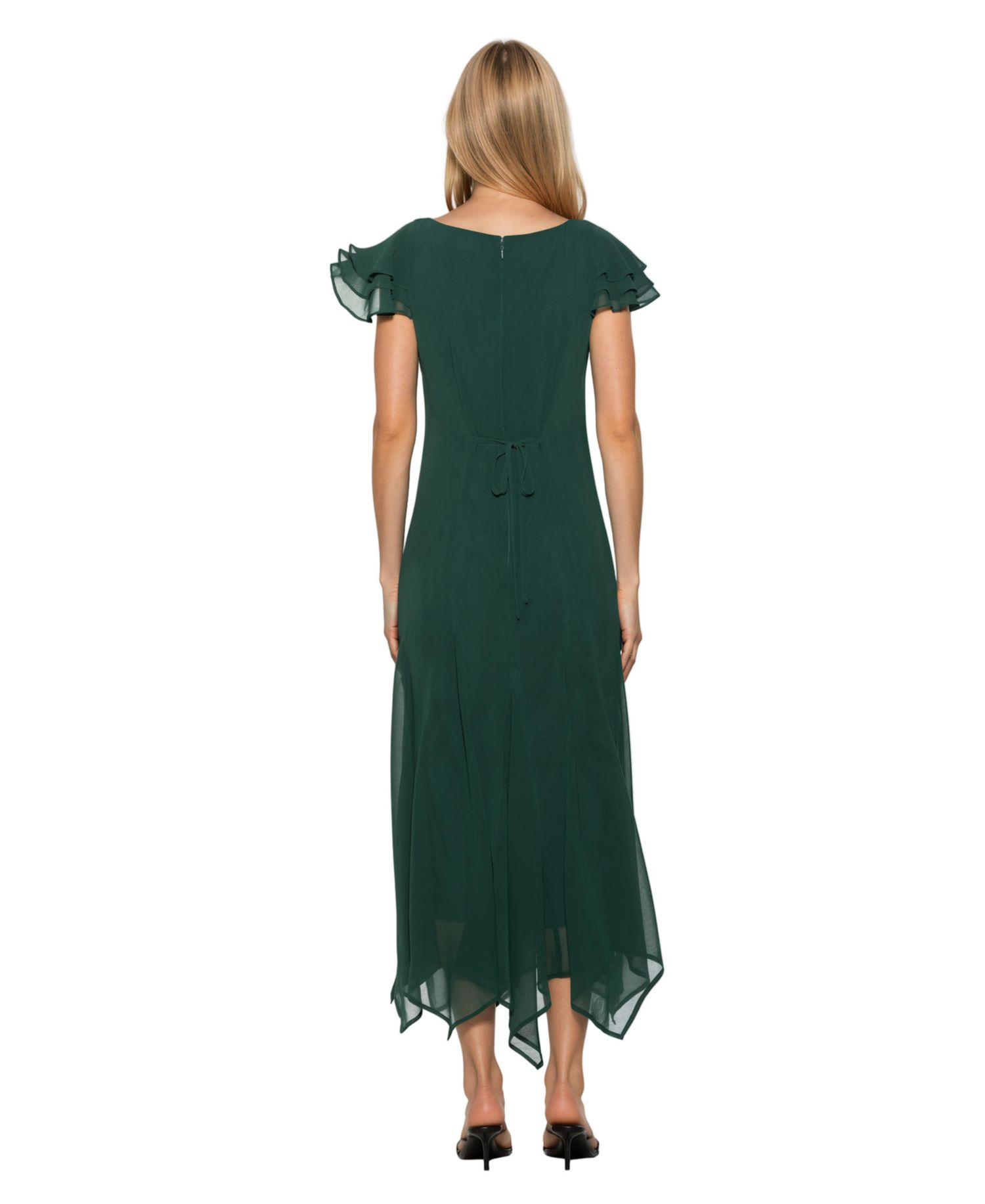 Women's Kaelith Ruffle-Sleeve Asymmetrical-Hem Midi Chiffon Dress
