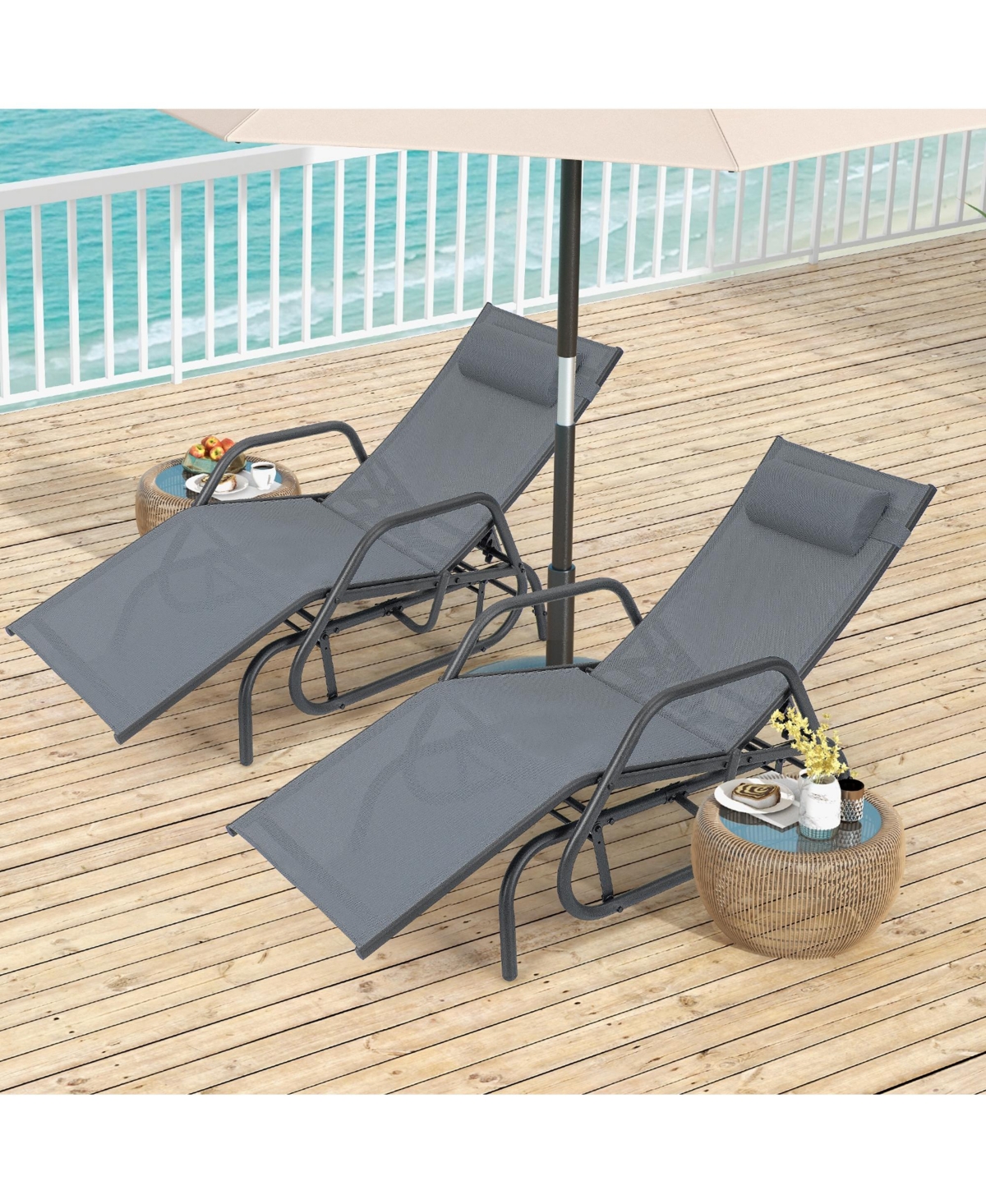 Costway 2 Piece Patio Chaise Lounge Glider Recliner Chair Adjustable Sturdy Frame Outdoor - Grey