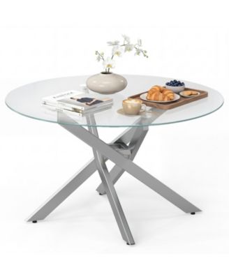 31.5" Glass Coffee Table with Tempered Glass Top and Geometric Metal Frame