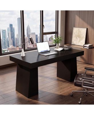 Executive Writing Desk, Carbon Fiber Wood Table with Built-In Charging Station, Storage Cabinet, Heavy Duty for Home Office and Conference Room