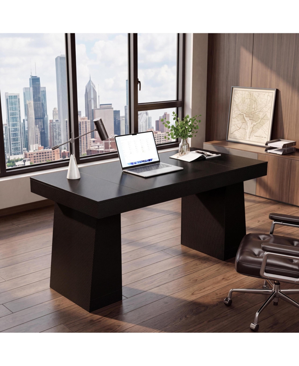 homfan Executive Writing Desk, Carbon Fiber Wood Table with Built-In Charging Station, Storage Cabinet, Heavy Duty for Home Office and Conference Room