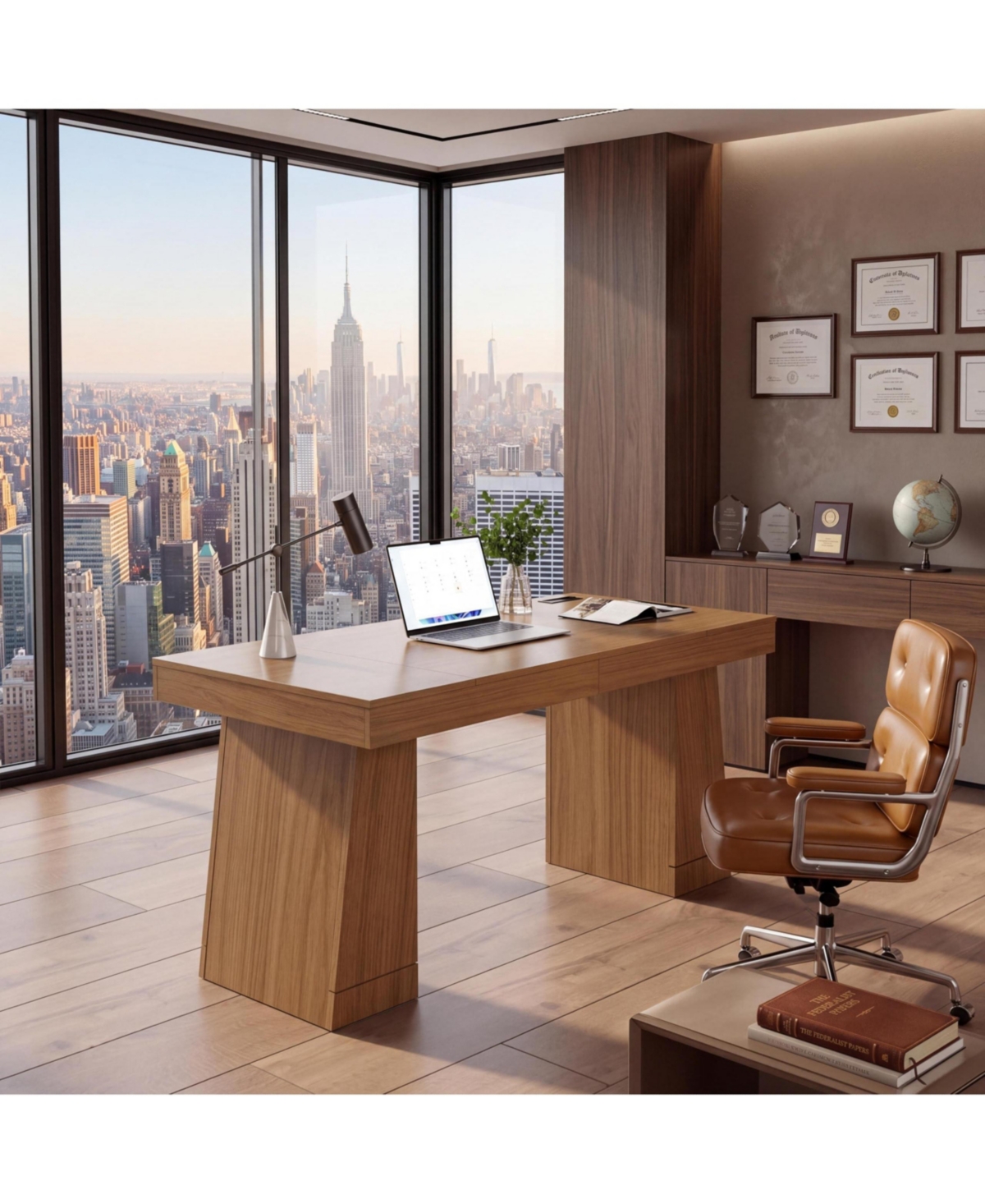 homfan Executive Writing Desk, Carbon Fiber Wood Table with Built-In Charging Station, Storage Cabinet, Heavy Duty for Home Office and Conference Room