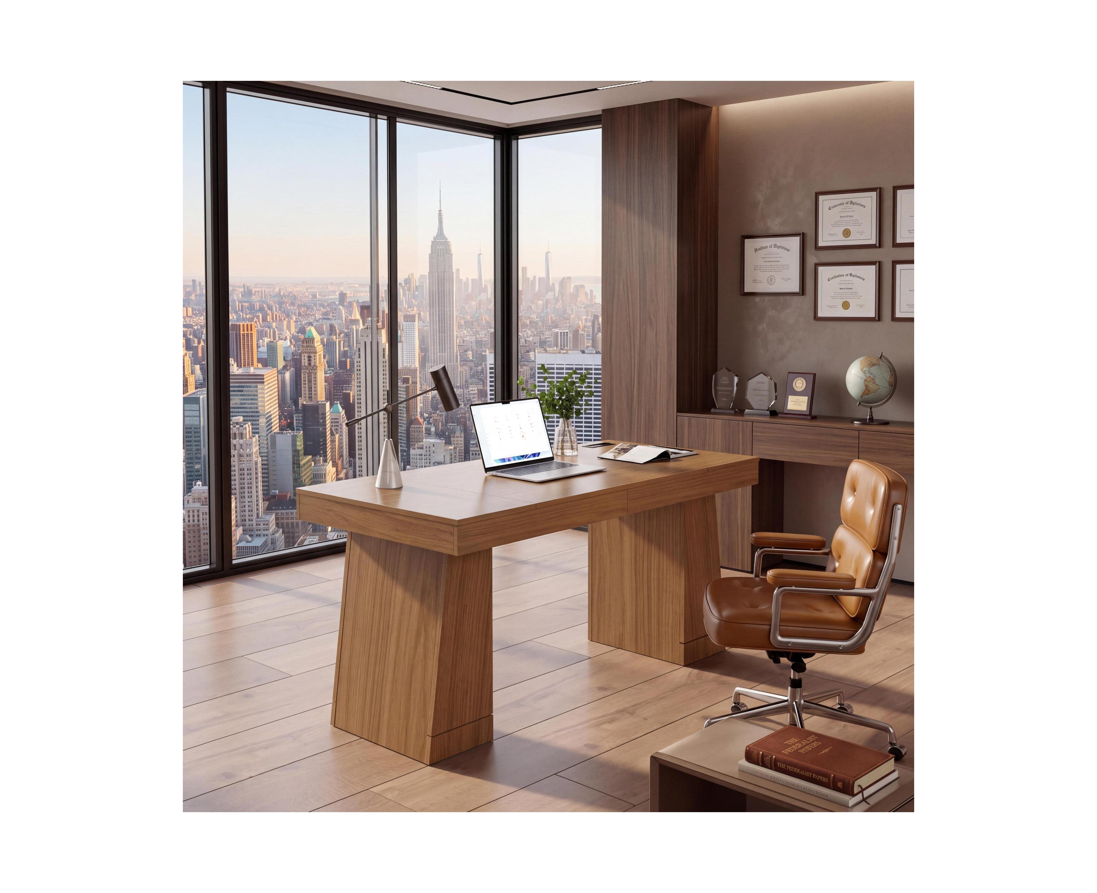 homfan Executive Writing Desk, Carbon Fiber Wood Table with Built-In Charging Station, Storage Cabinet, Heavy Duty for Home Office and Conference Room