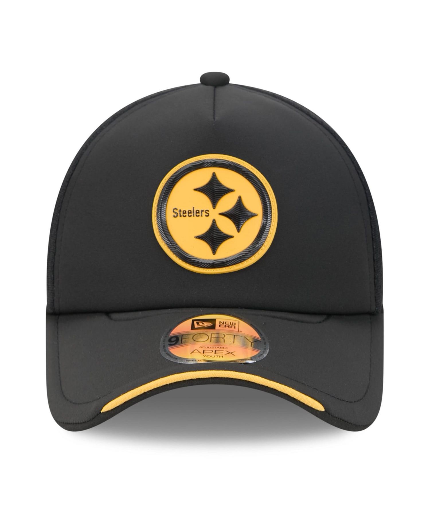 Big Boys and Girls Black Pittsburgh Steelers 2026 Sideline Apex 9FORTY Adjustable Trucker Hat