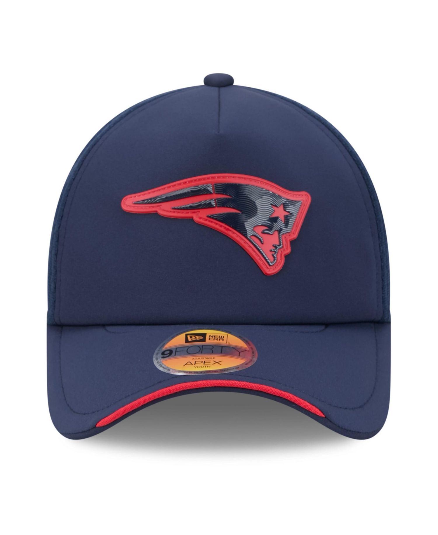 Big Boys and Girls Navy New England Patriots 2026 Sideline Apex 9FORTY Adjustable Trucker Hat
