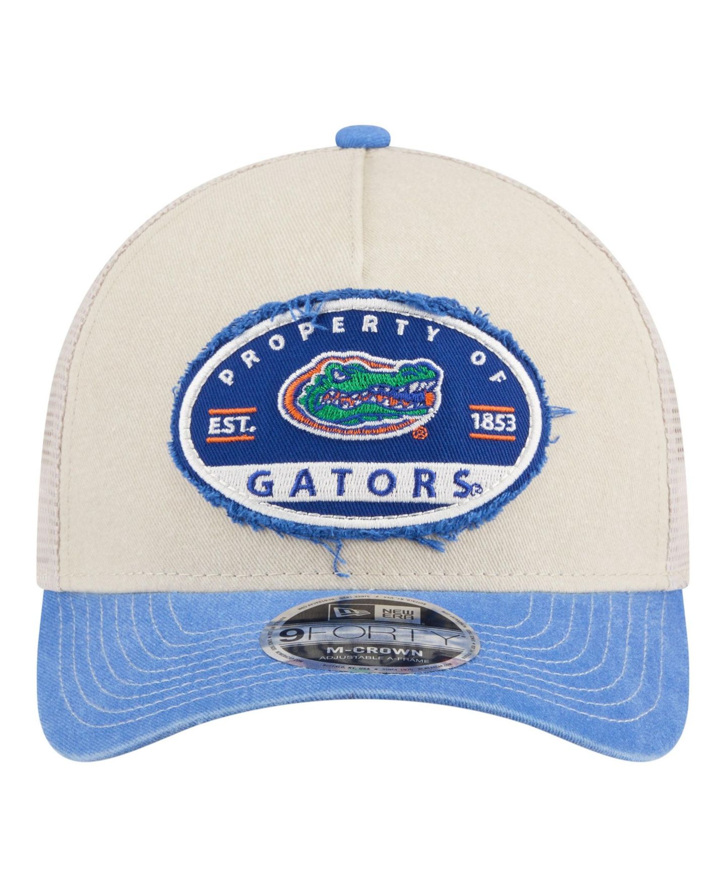Мужская кепка New Era Stone/Royal Florida Gators Frayed Patch 9FORTY M-Crown A-Frame Trucker Adjustable Hat — фото 2