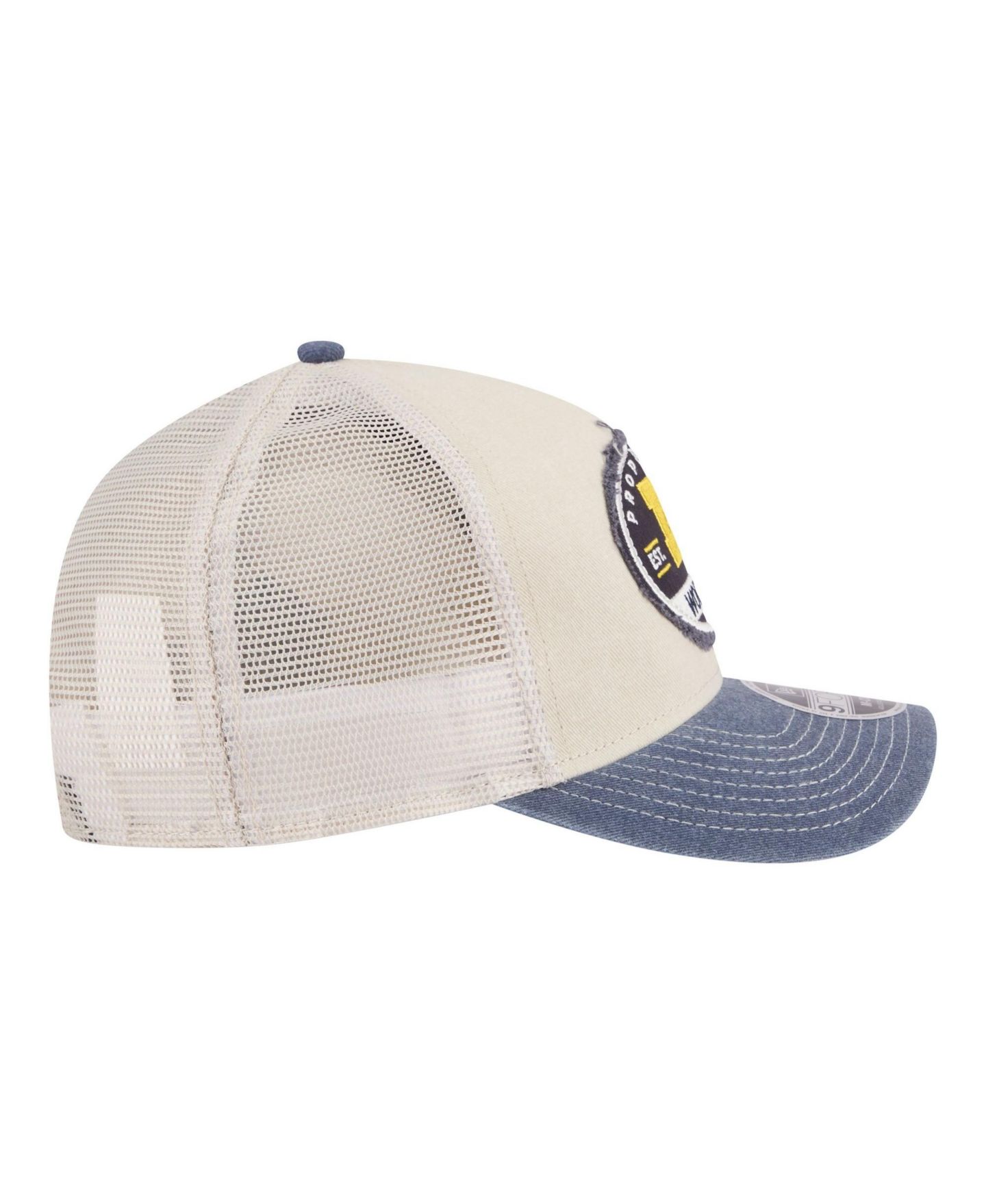 Мужская кепка New Era Stone/Navy Michigan Wolverines Frayed Patch 9FORTY M-Crown A-Frame Trucker Adjustable Hat — фото 3