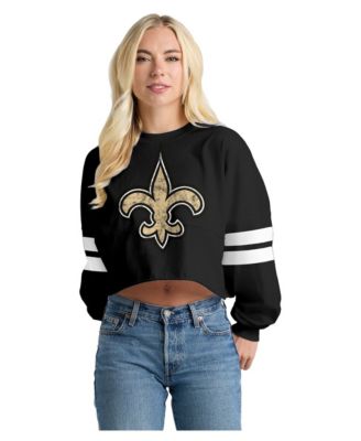 Women's  Black New Orleans Saints Oversized Cropped Stripe Long Sleeve T-Shirt