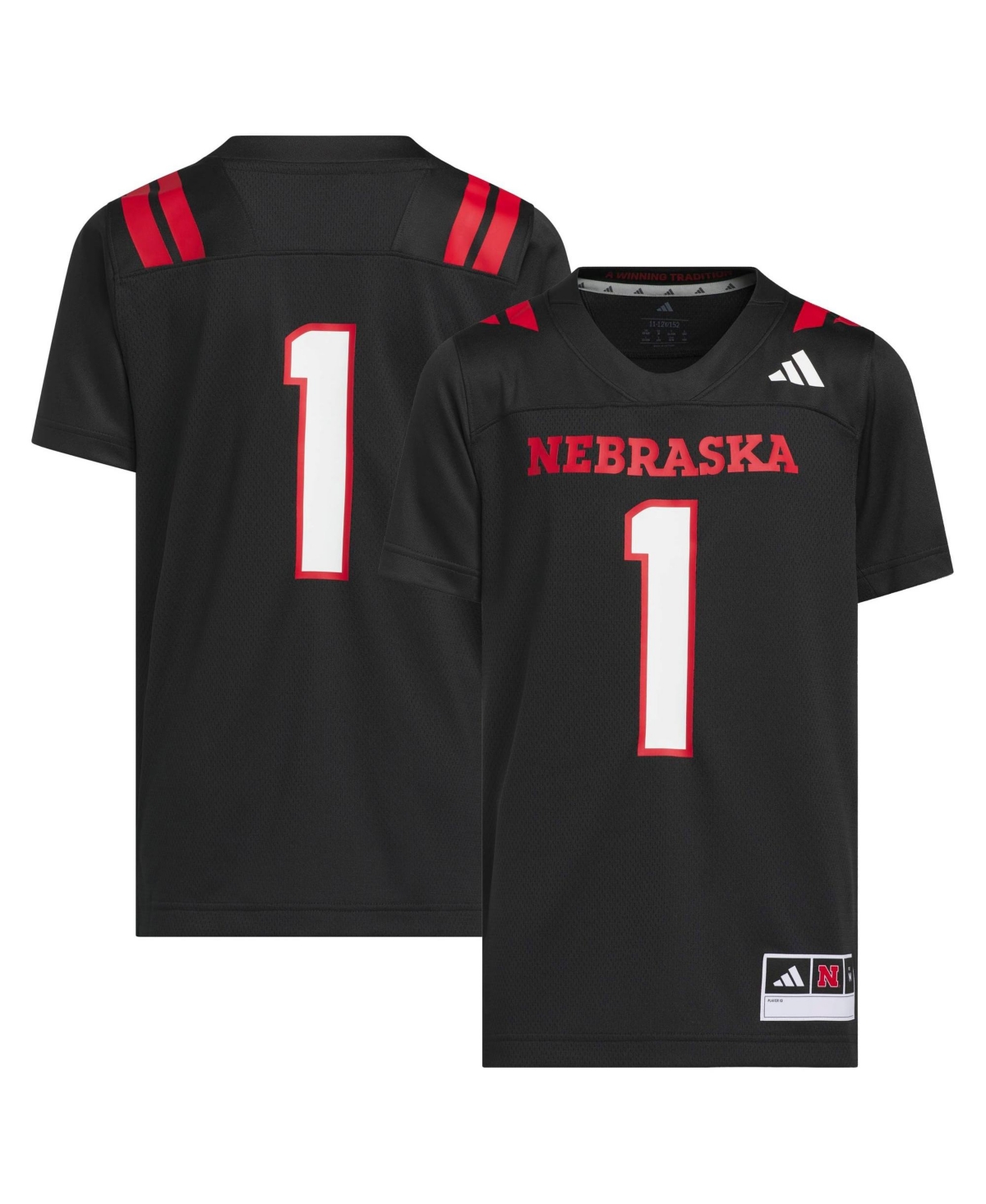 adidas Big Boys and Girls 1 Black Nebraska Huskers Our Red Burns Brighter Strategy Football Jersey