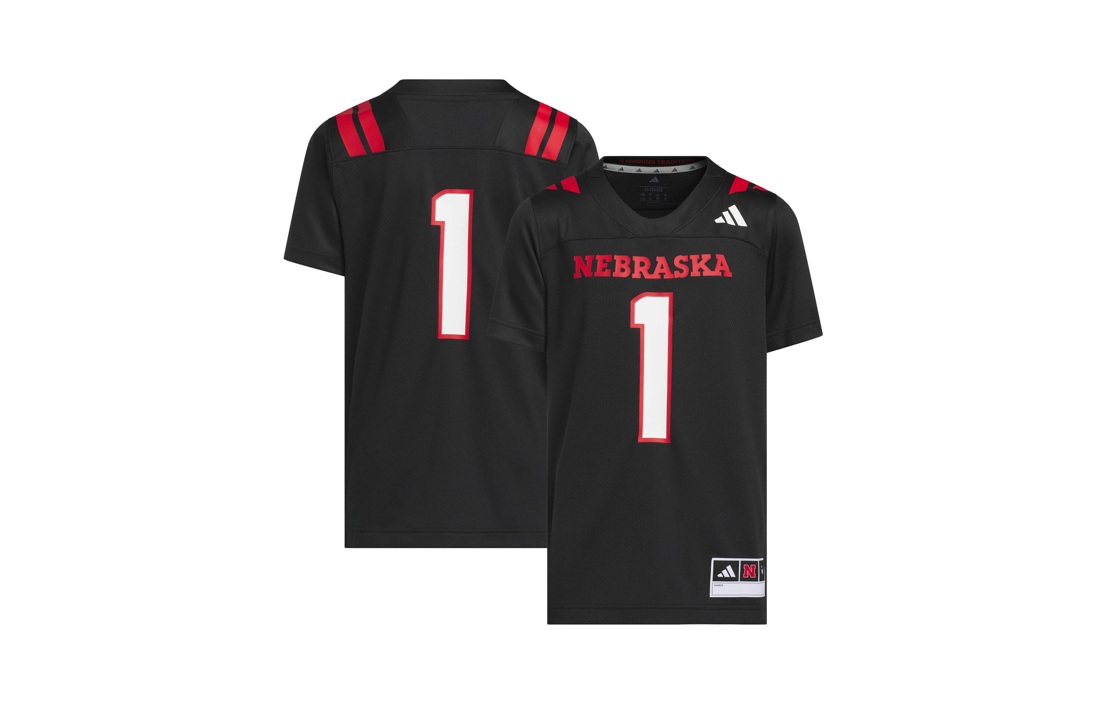 adidas Big Boys and Girls 1 Black Nebraska Huskers Our Red Burns Brighter Strategy Football Jersey