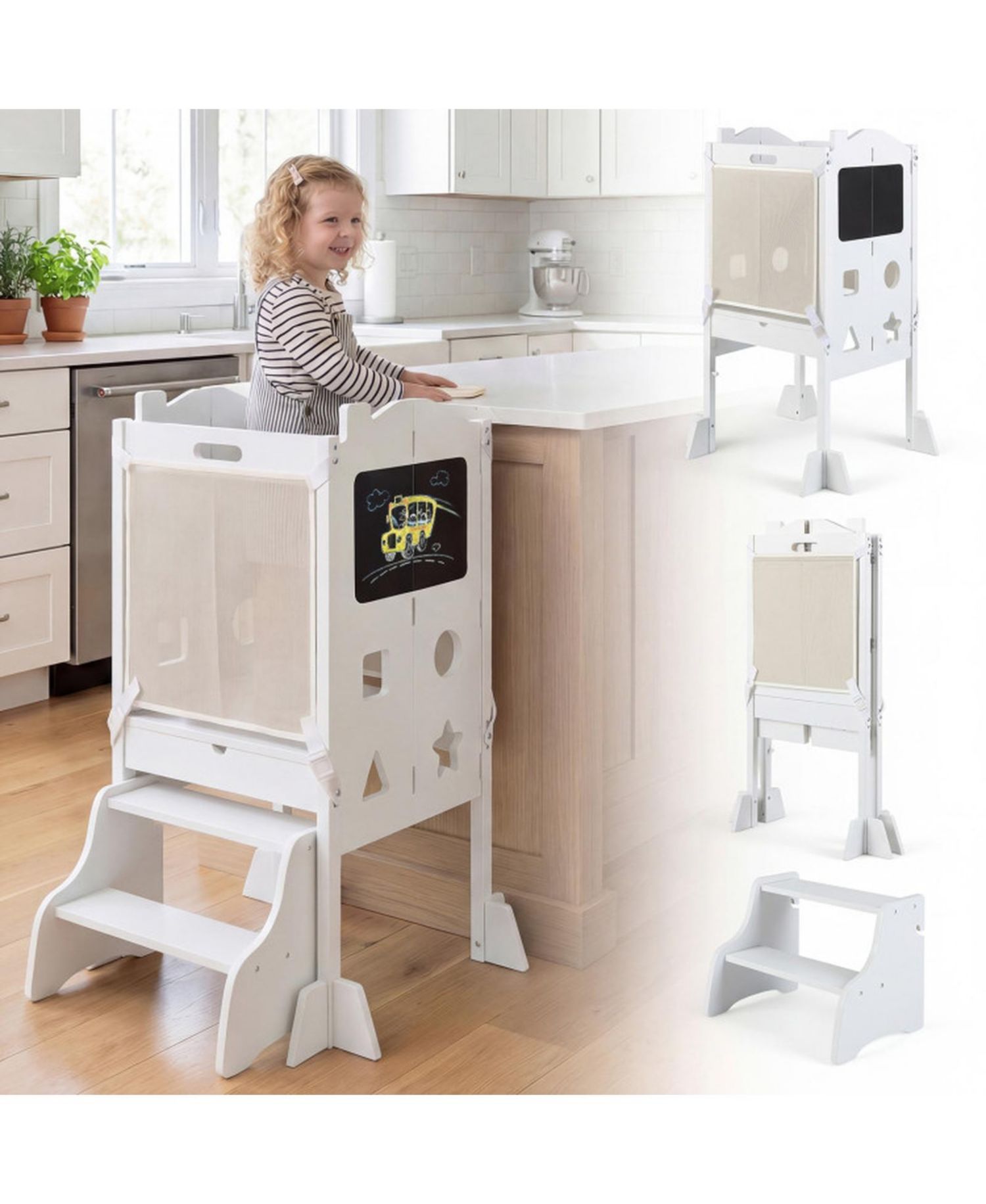 Toddler 3-in-1 Foldable Step Stool with Side Chalkboards