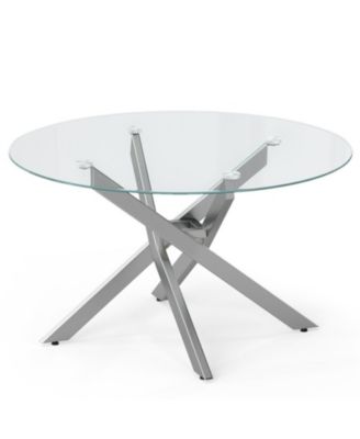 31.5 Inch Round Glass Coffee Table with Geometric Metal Frame