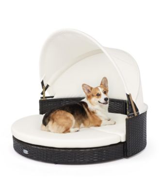 Wicker Dog House Outdoor Indoor Retractable Canopy Removable Cushion