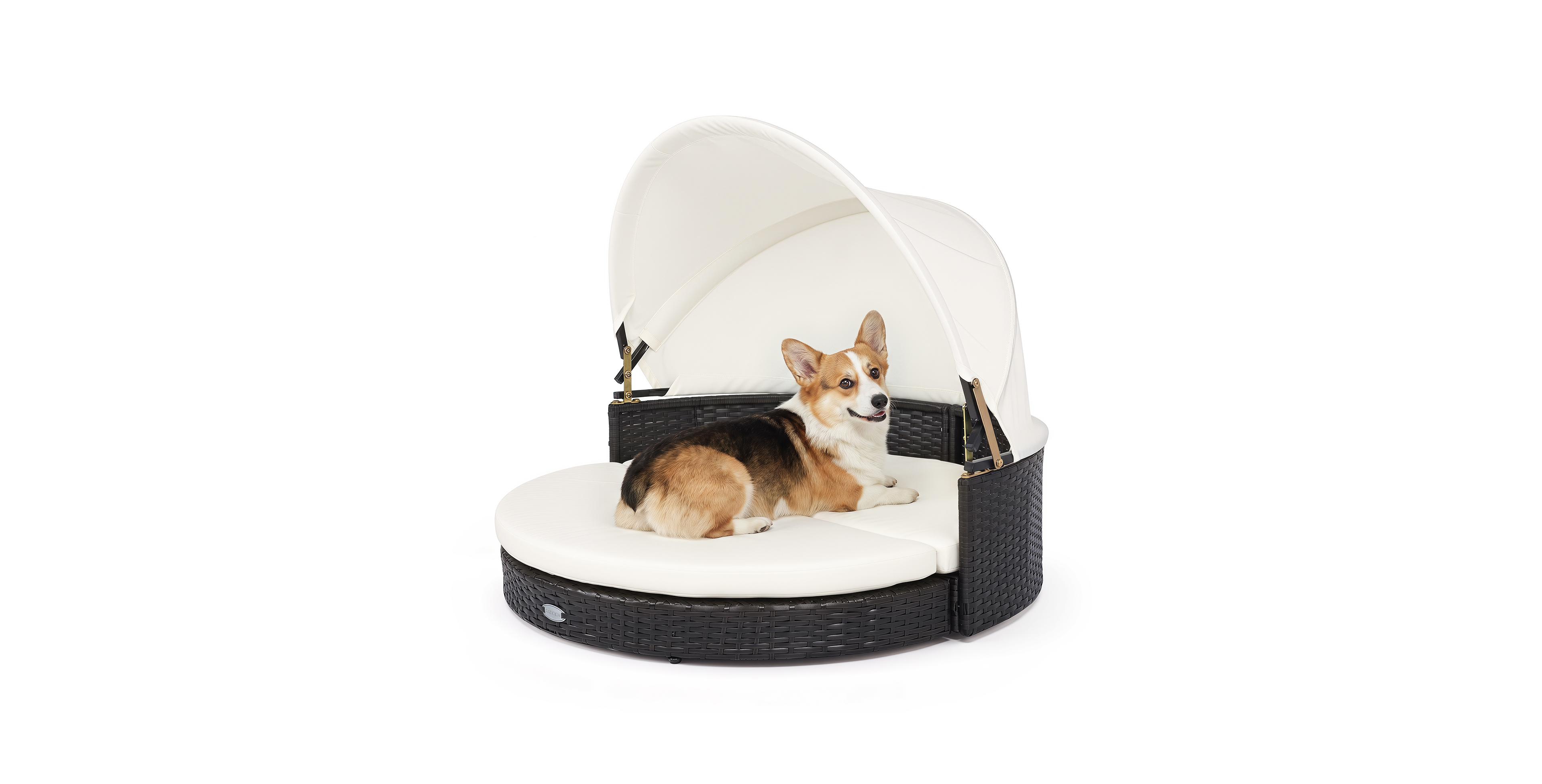 Gymax Wicker Dog House Outdoor Indoor Retractable Canopy Removable Cushion