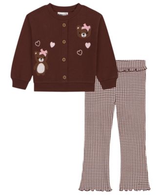 Toddler Girls' 2T-5T Crewneck Cardigan and Lettuce-Edge Flare Pants, 2-Piece Set