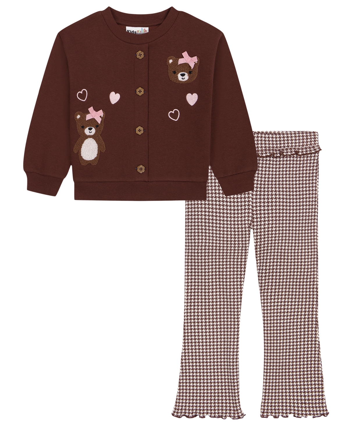 Kids Headquarters Toddler Girls' 2T-5T Crewneck Cardigan and Lettuce-Edge Flare Pants, 2-Piece Set