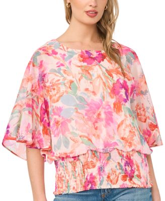 Women's Smocked Waist Floral-Print Dolman-Sleeve Blouse