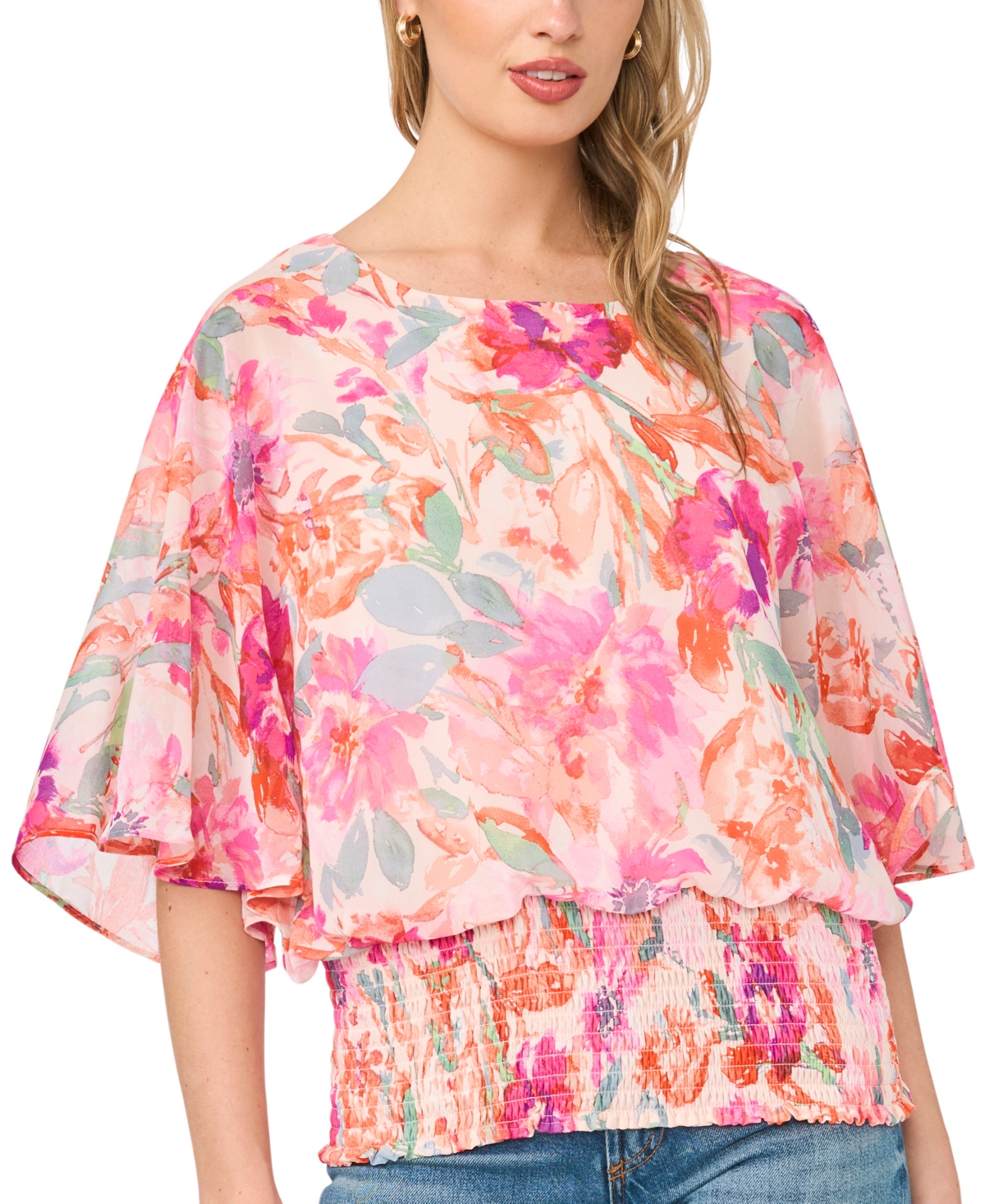 Sam & Jess Women's Smocked Waist Floral-print Dolman-sleeve Blouse In Blush Multi