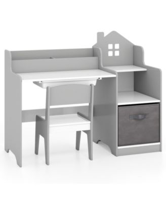 Kids Study Desk and Chair Set with Open Shelves and Storage Bin
