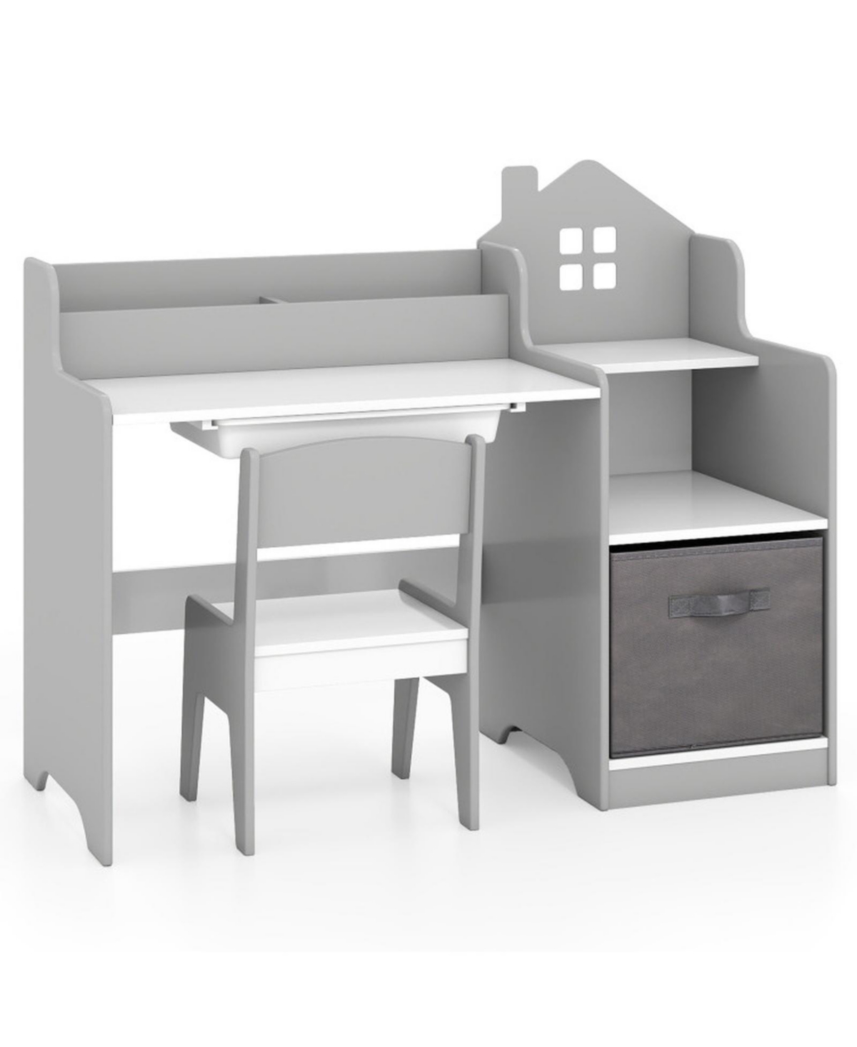 Gouun Kids Study Desk and Chair Set with Open Shelves and Storage Bin - Grey