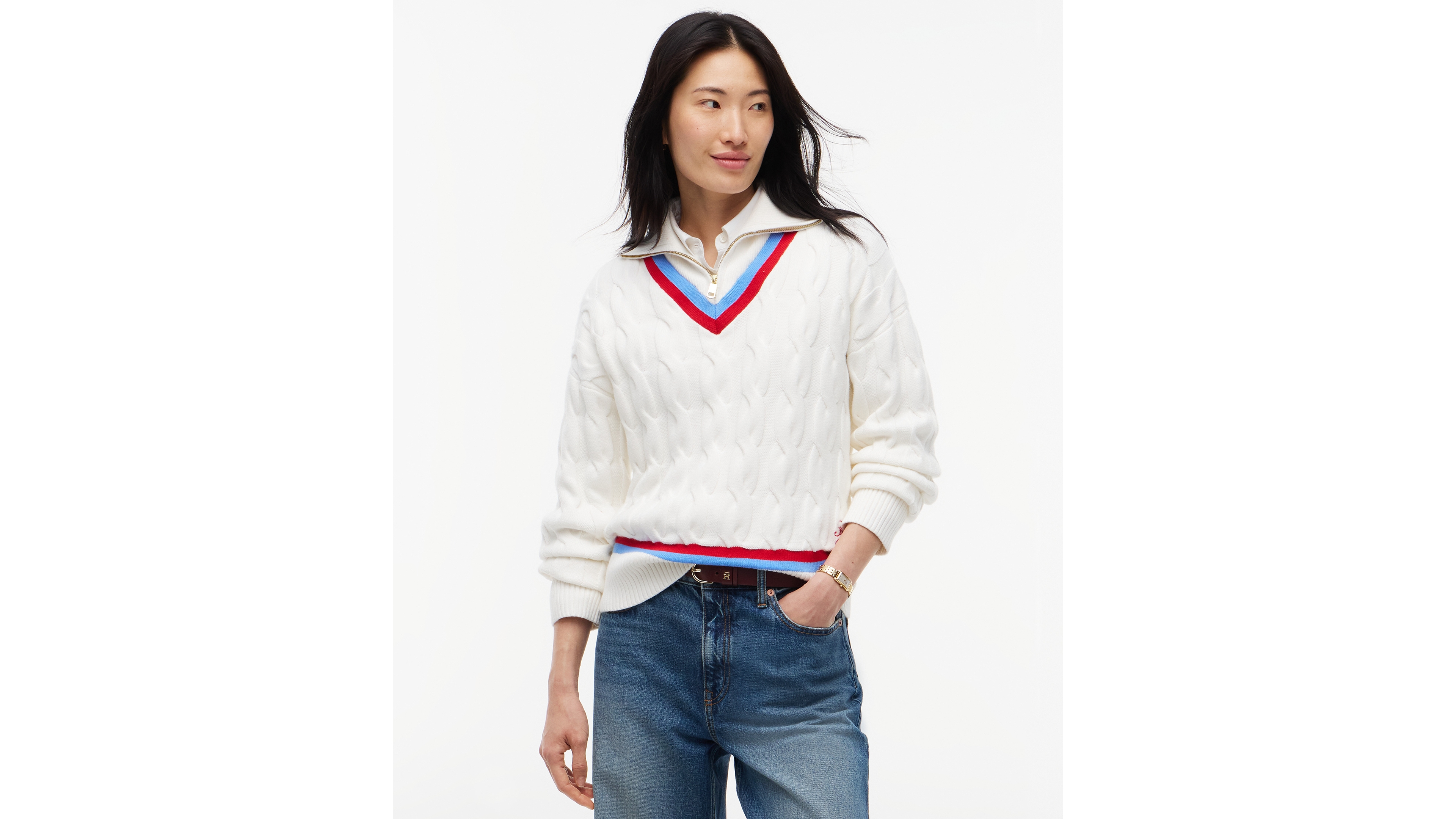 Tommy Hilfiger Women's Cable Half Zip Cricket Turtleneck Relaxed-Fit Sweater