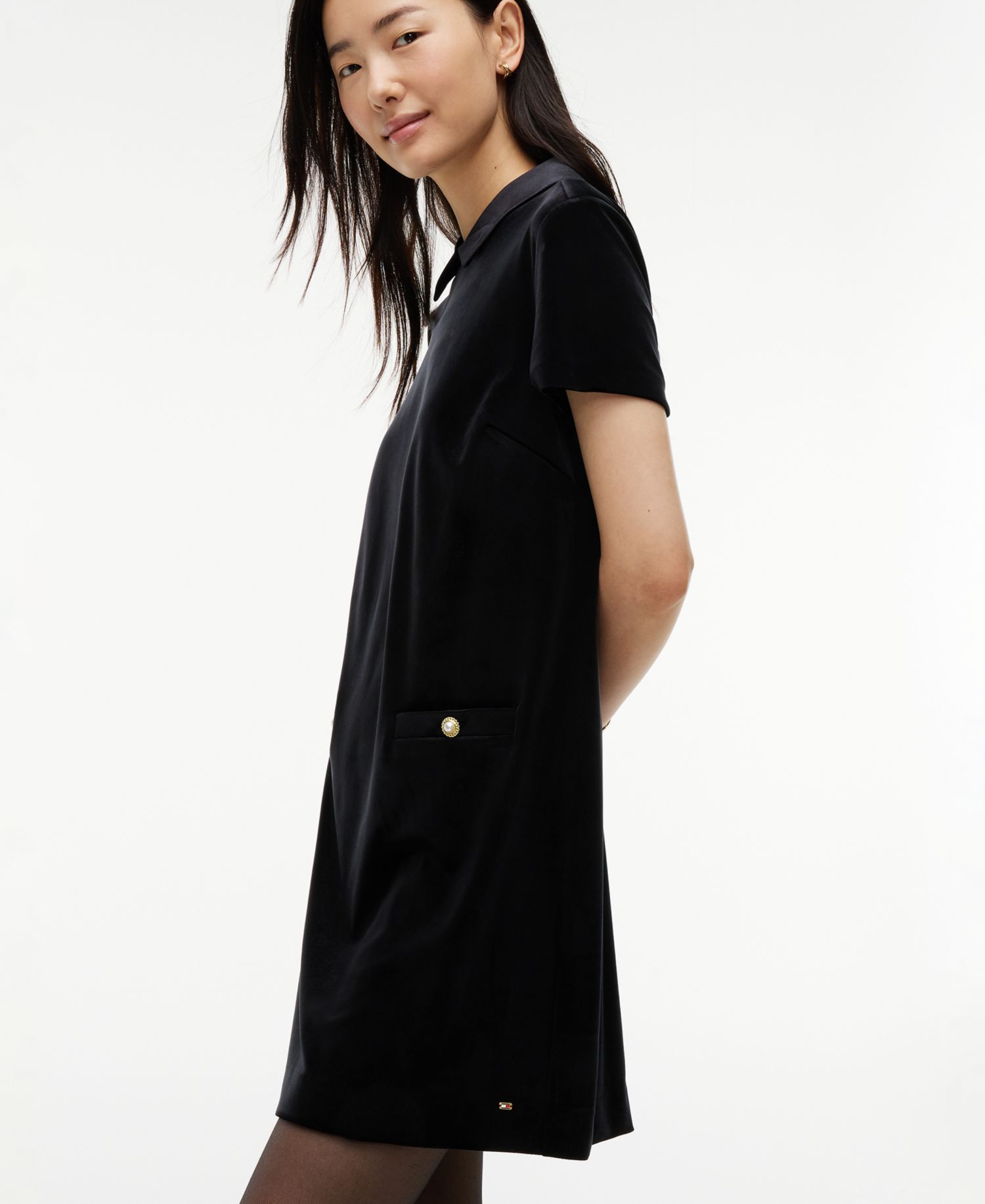 Women's Velvet Short-Sleeve Point Collar Mini Dress