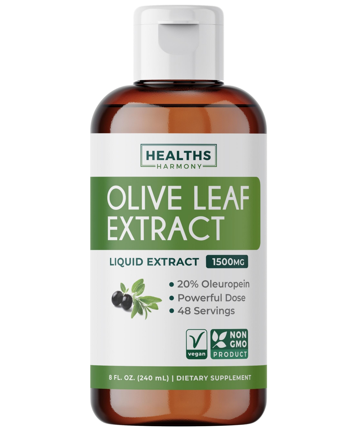 Healths Harmony Olive Leaf Extract Liquid, 1500 Milligram with 20 Percentage Oleuropein, 8 Fluid Ounce