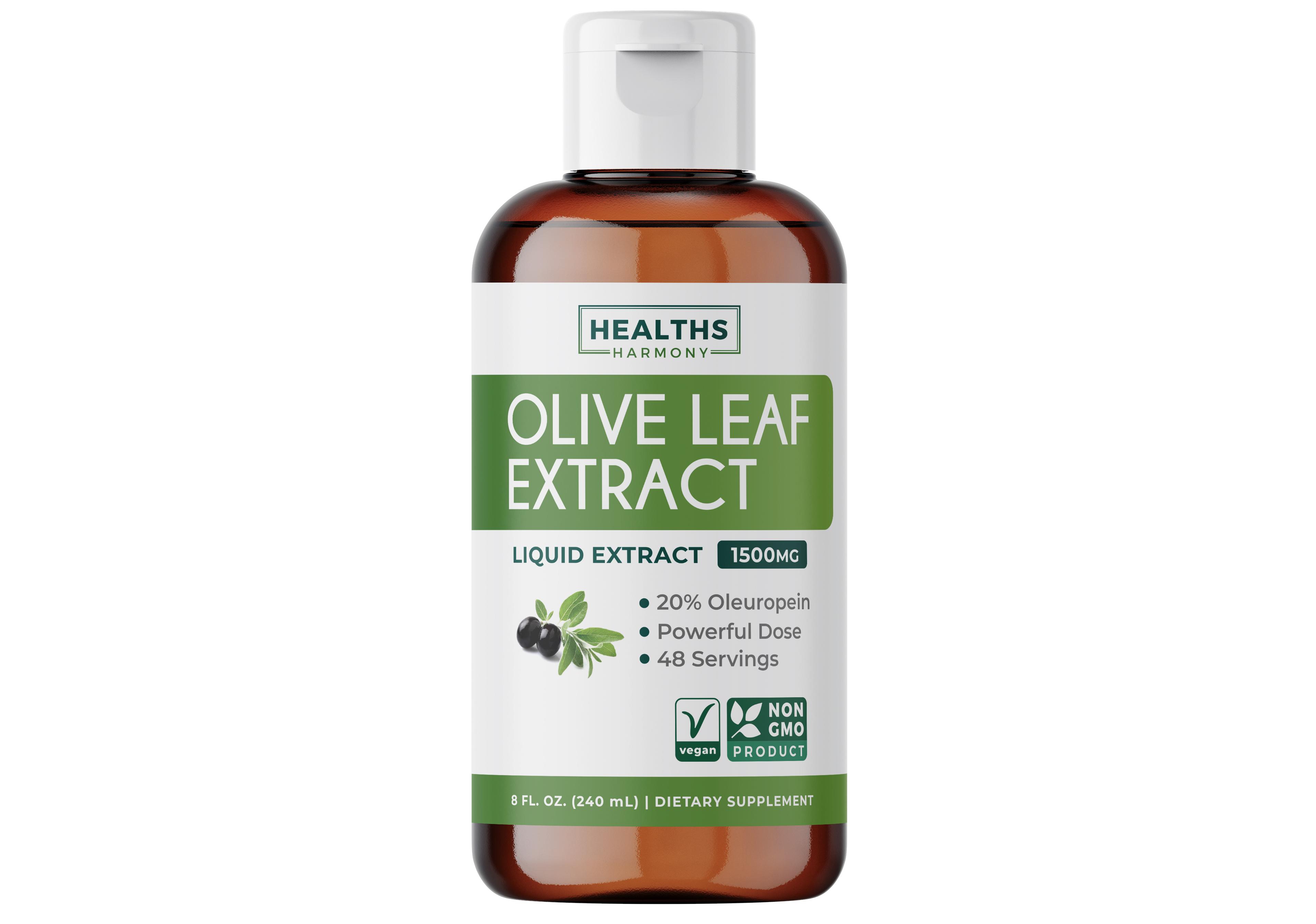 Healths Harmony Olive Leaf Extract Liquid, 1500 Milligram with 20 Percentage Oleuropein, 8 Fluid Ounce