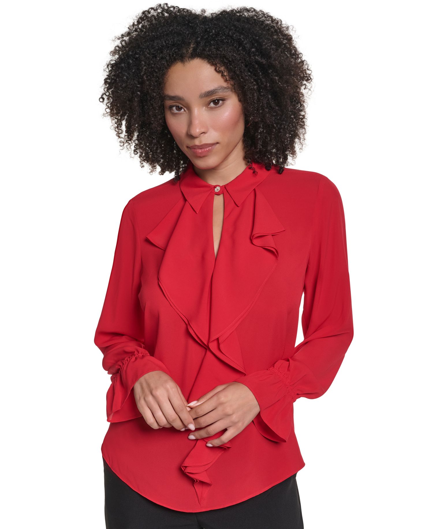 Women's Long-Sleeve Collared Ruffled Blouse