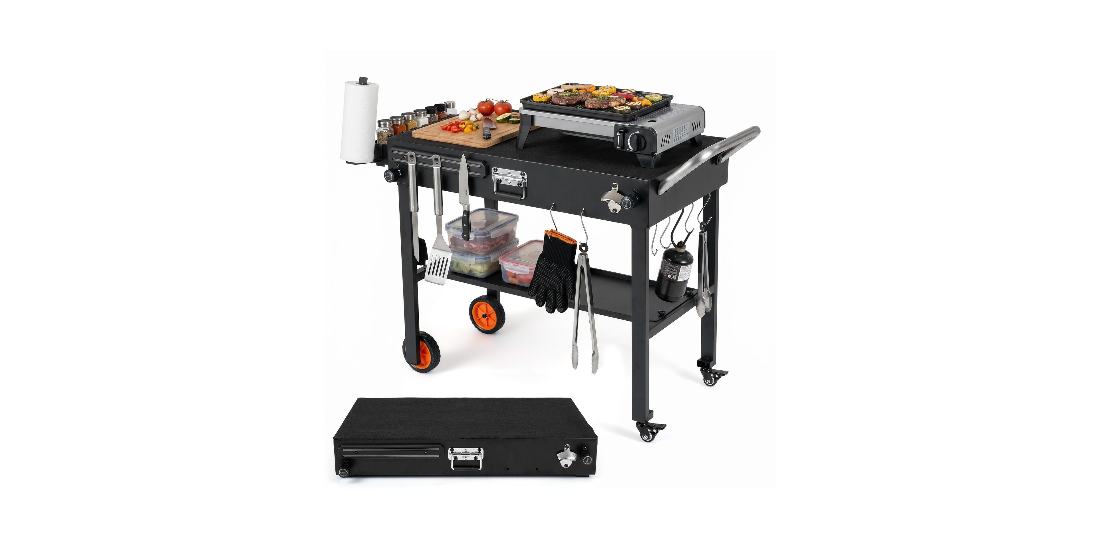 Costway 32"W x 18"D Folding Grill Cart for 17 and 22" Griddles with Heat-Resistant Mat Wheels