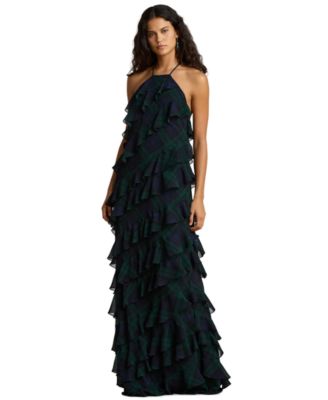 Women's Black Watch Plaid Ruffle-Trim Halter Floor-Length Gown