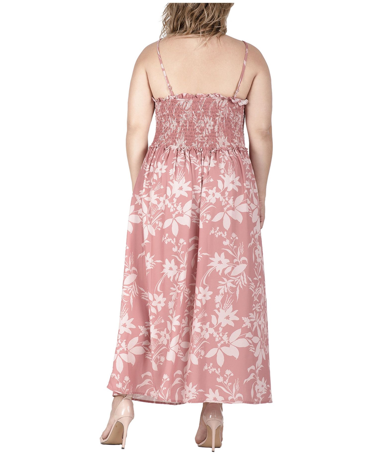Plus Size Floral Print Smocked Bodice Maxi Slip Dress