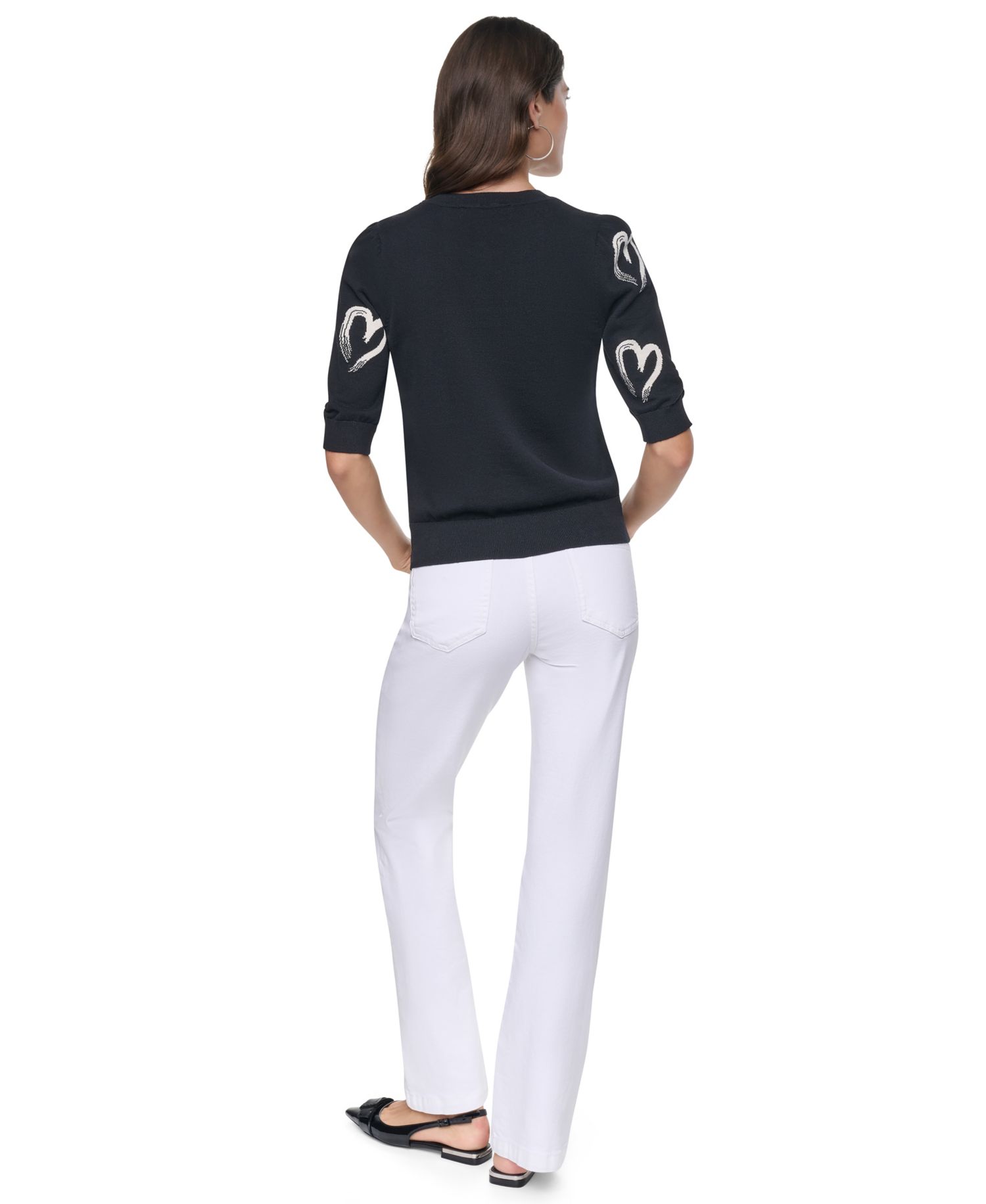 Women's Mini Hearts Crewneck Elbow-Sleeve Sweater