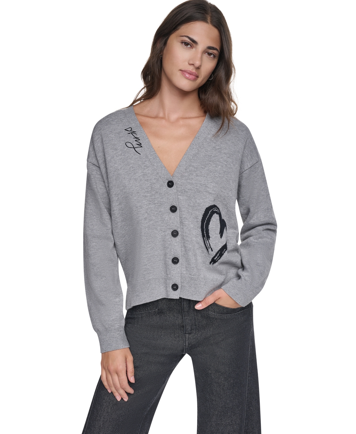Dkny Women's Heart Brush Stroke Button-Front V-Neck Cardigan - Feather Heather