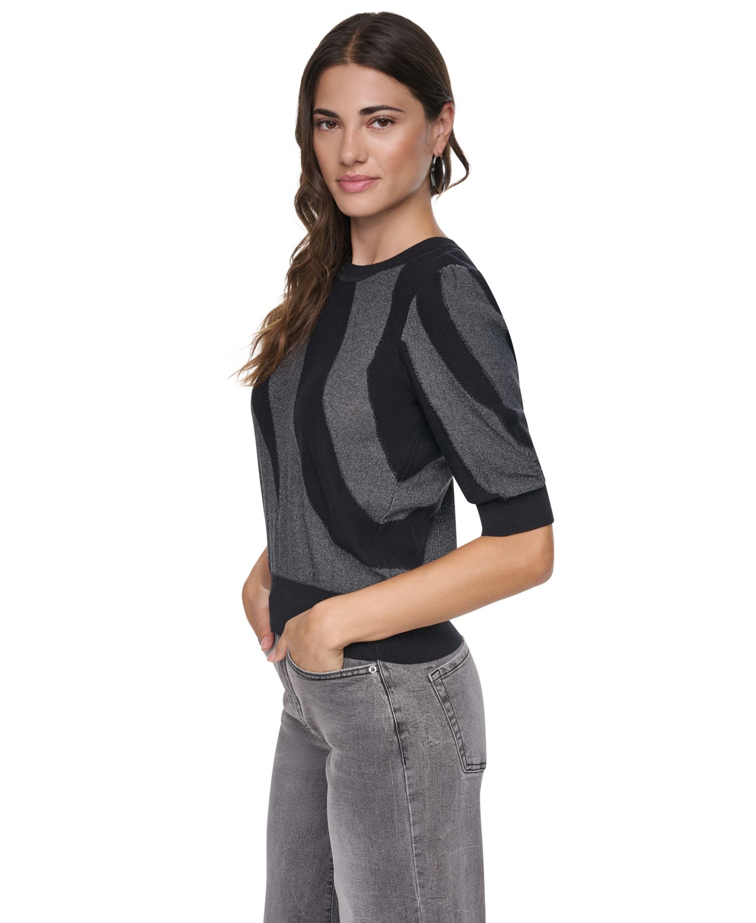 Women's Colorblock Lurex 3/4-Sleeve Pullover Sweater