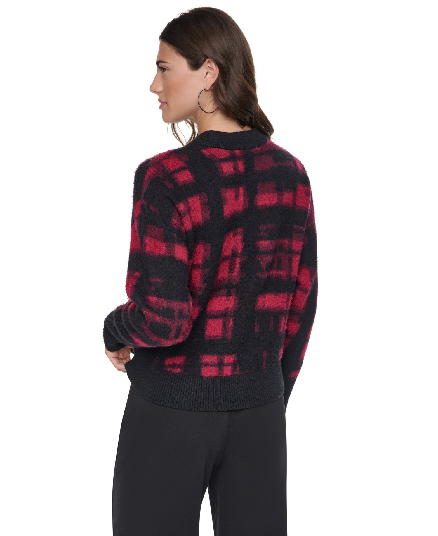 Women's Brushed-Plaid Long-Sleeve Crewneck Pullover Sweater