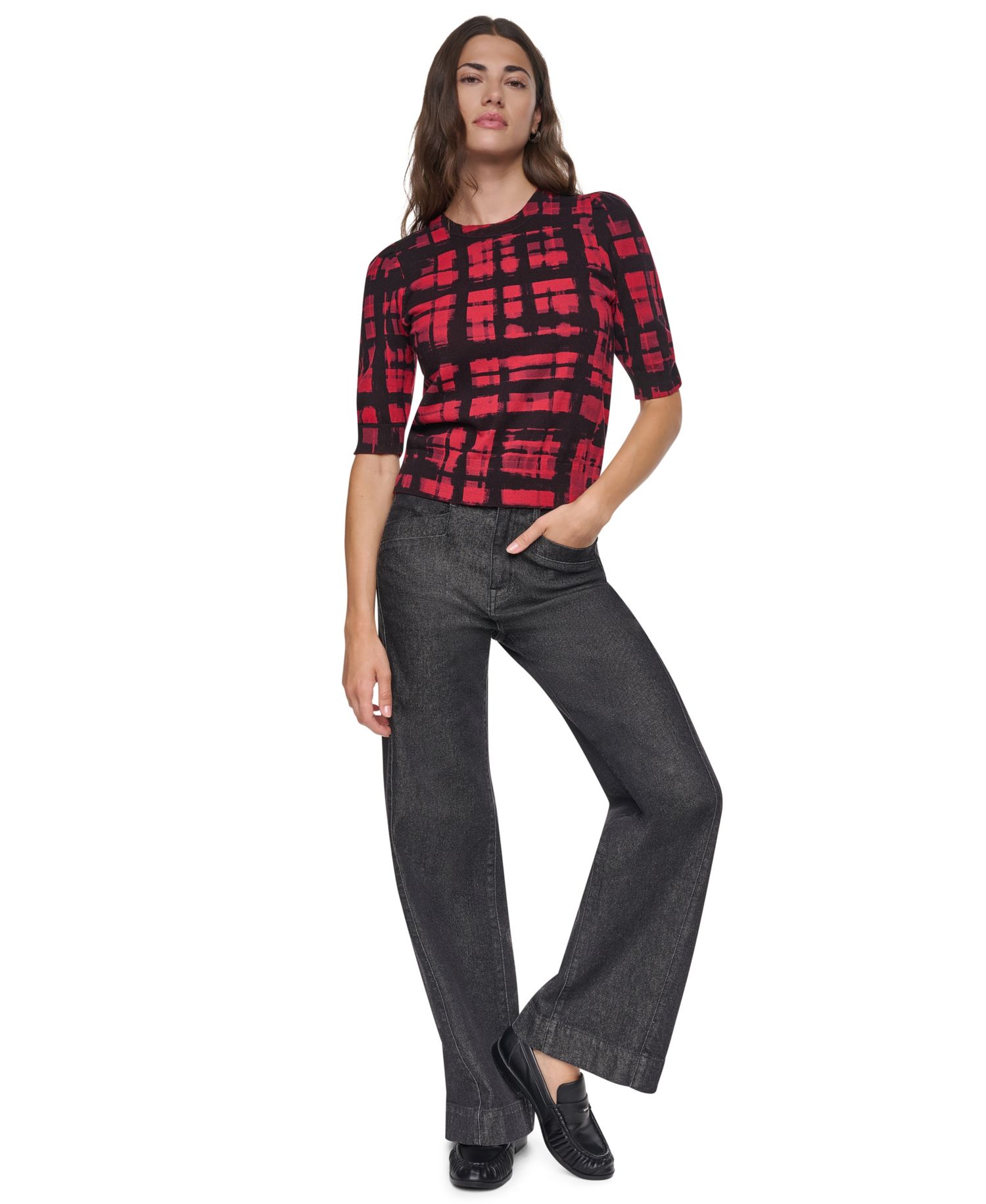 Women's Plaid Elbow-Sleeve Pullover Sweater