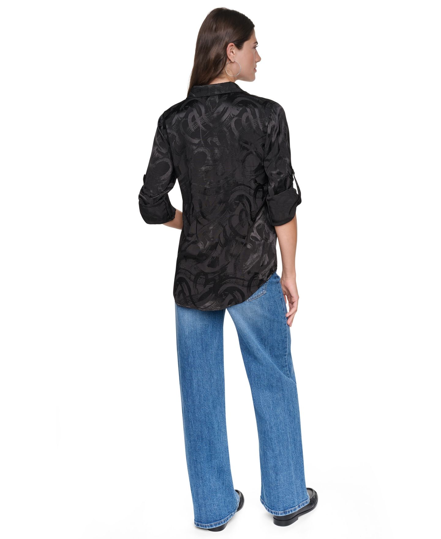Женская блузка DKNY Roll-Tab Jacquard Blouse, цвет: Чёрный — фото 5