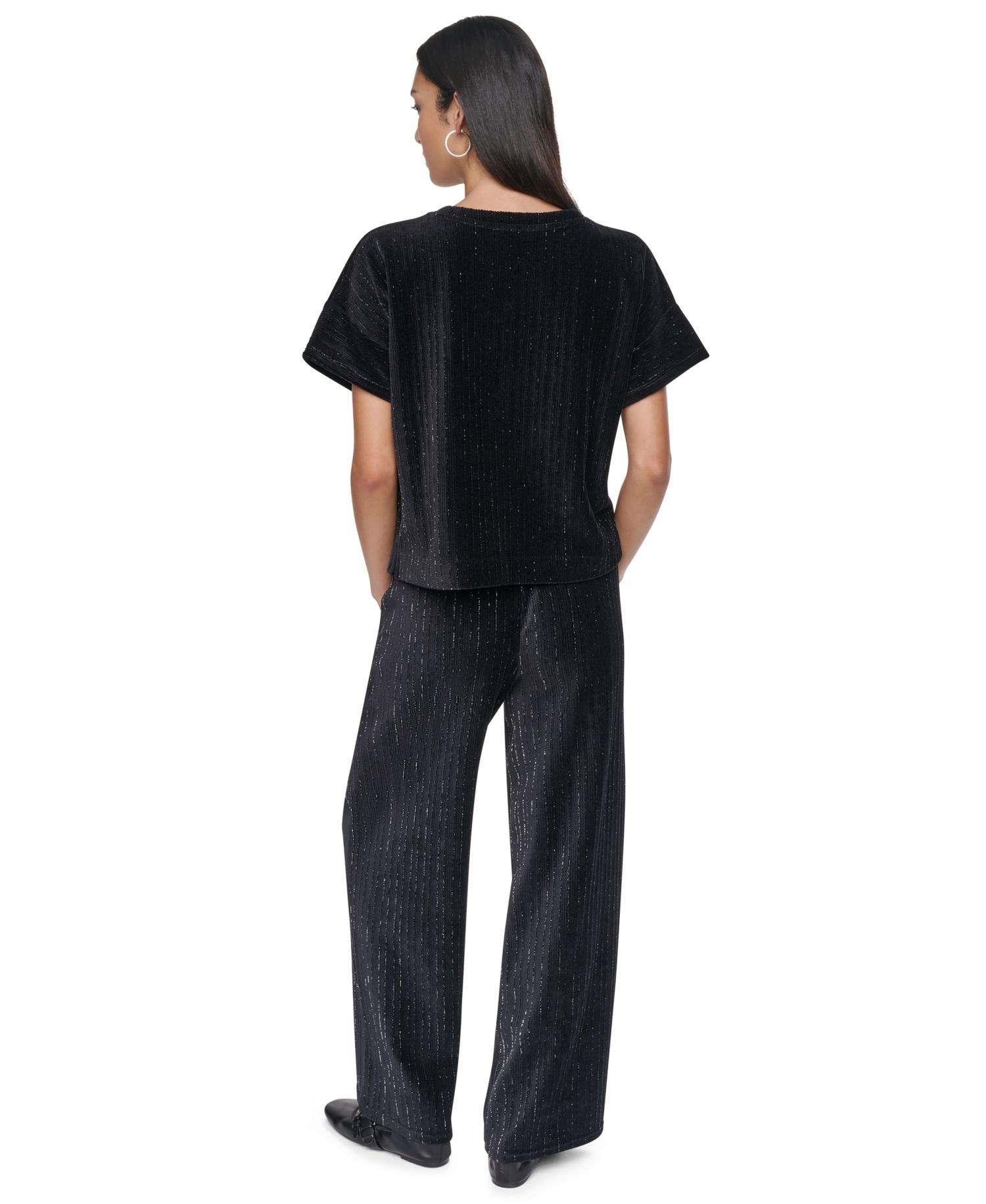 Women's Lurex Velvet Knit Scoop Neck Short-Dolman Sleeves T-Shirt