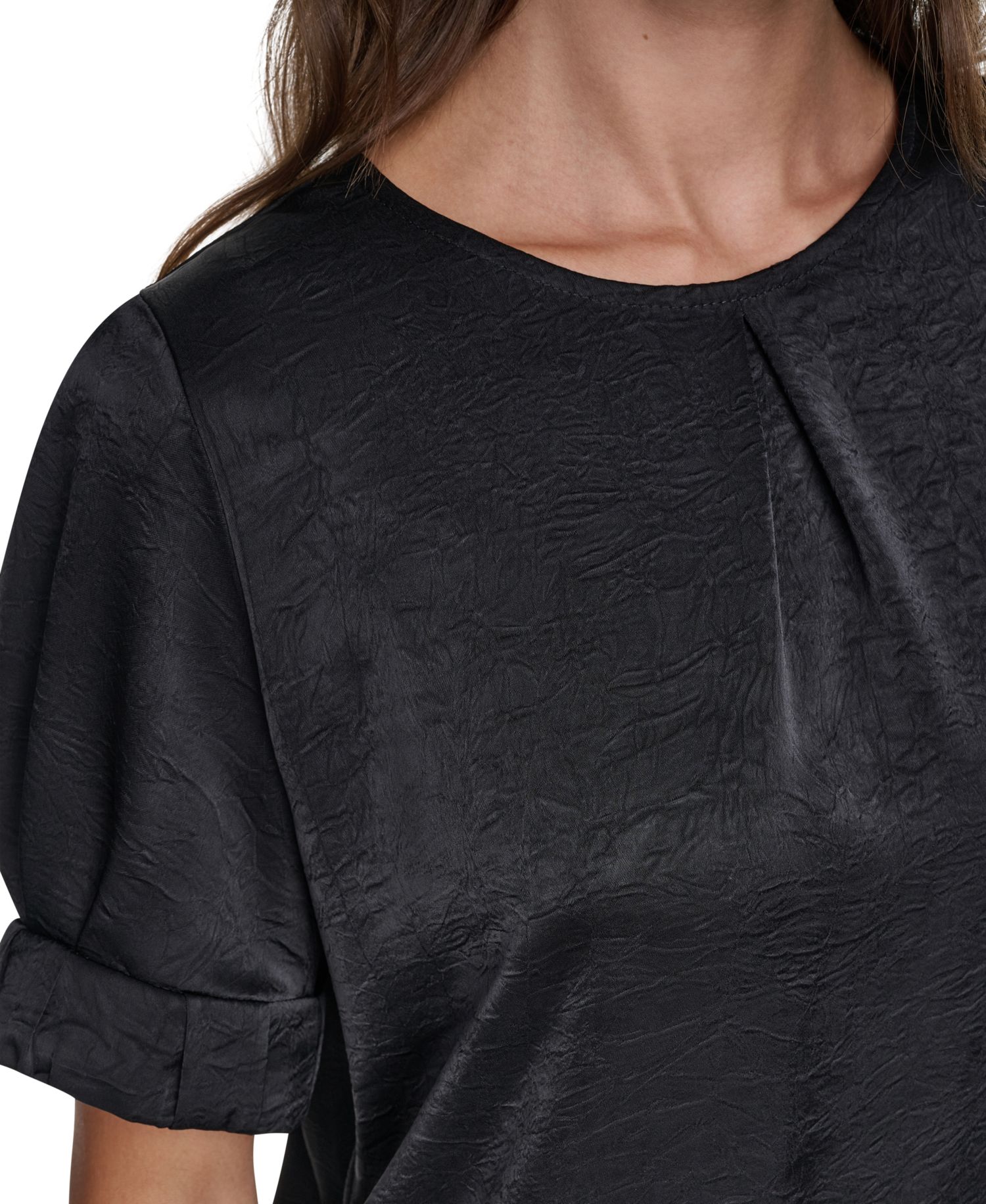 Women's Satin Roll-Sleeve Slight-Crease Crewneck Blouse