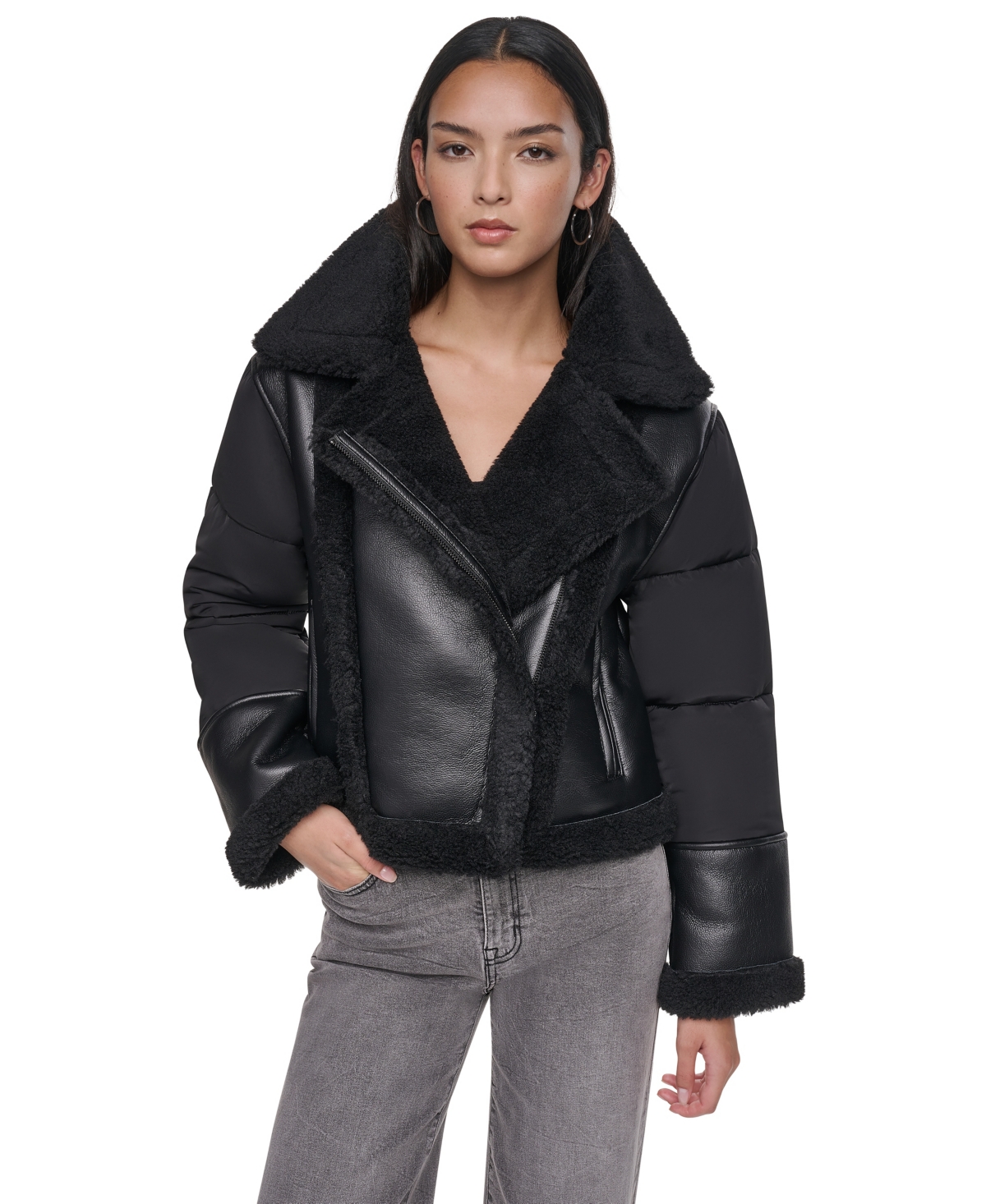 DKNY Women's Puff Sleeve Faux Shearling Jacket in Black Size Medium