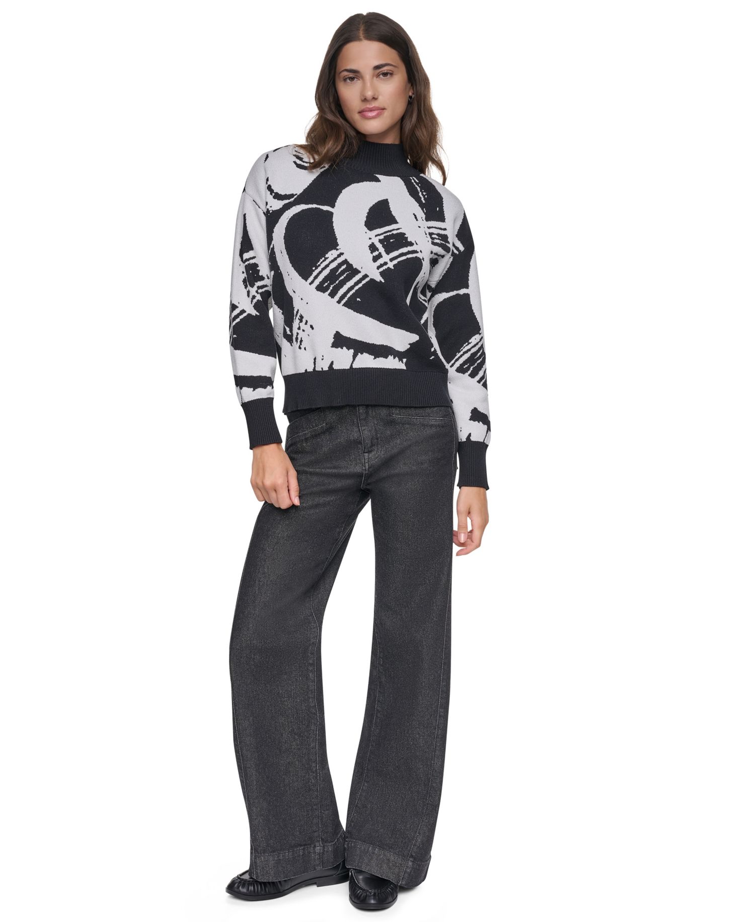 Women's Mock Neck Heart Brushstroke Long-Sleeve Pullover Sweater
