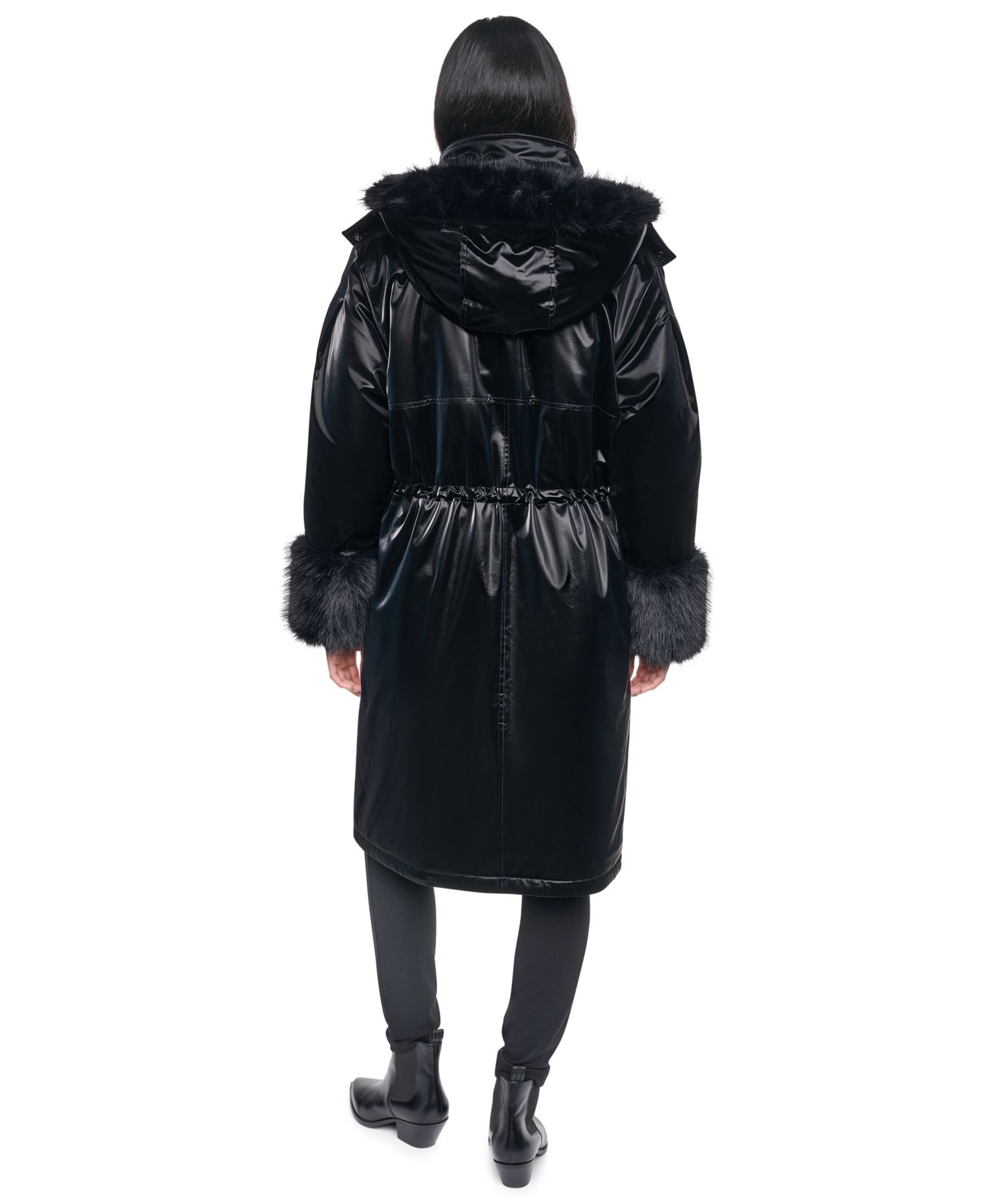 Women's Hooded Knee-Length Faux Fur Cuff Nylon Velvet Coat