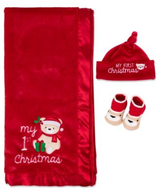 Baby Boy or Baby Girl My 1st Christmas Holiday Blanket, Knot Hat and Socks, 3-Piece Set