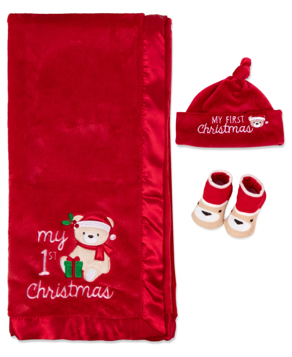 Baby Essentials Baby Boy or Baby Girl My 1st Christmas Holiday Blanket, Knot Hat and Socks, 3-Piece Set