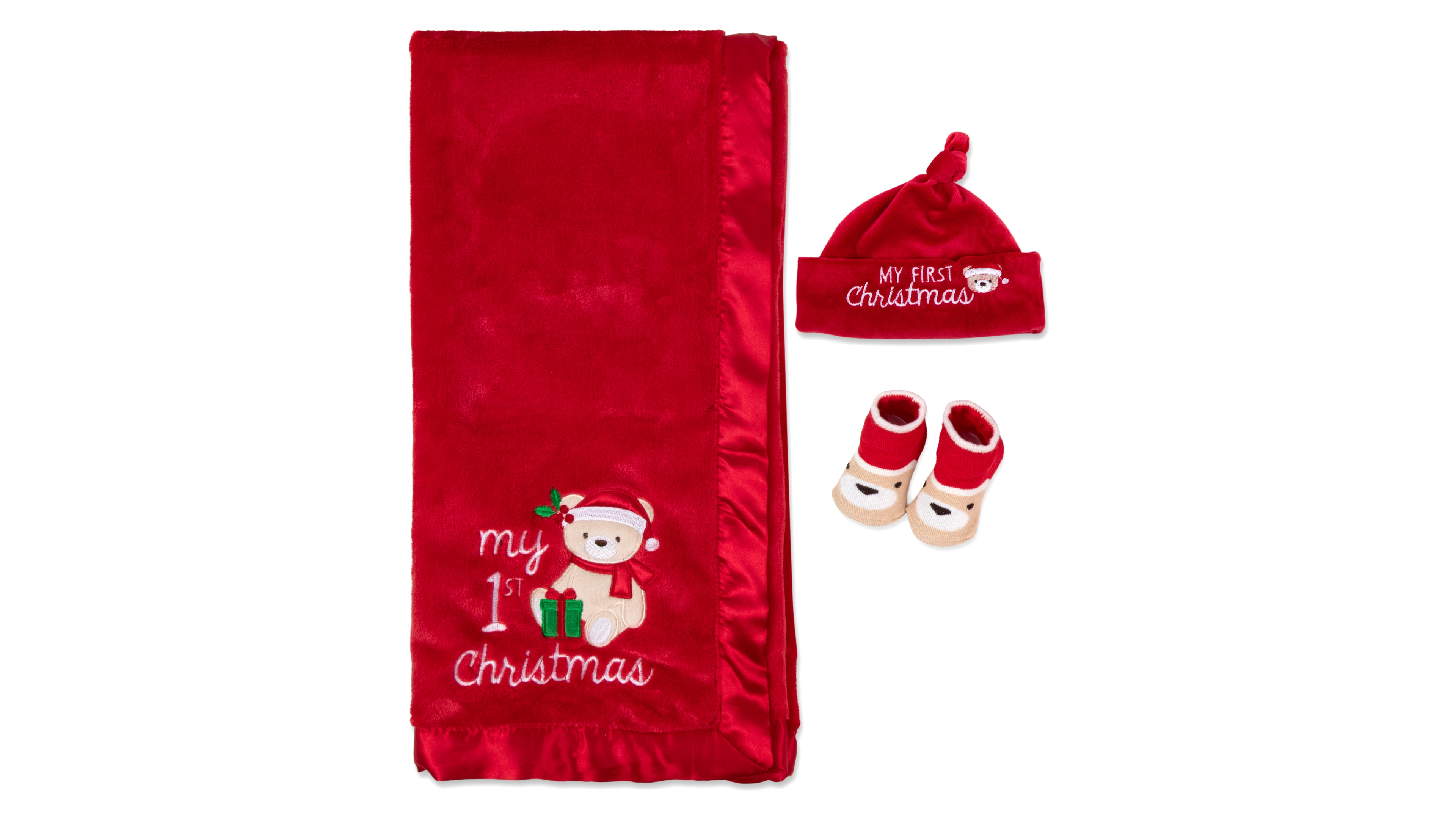 Baby Essentials Baby Boy or Baby Girl My 1st Christmas Holiday Blanket, Knot Hat and Socks, 3-Piece Set