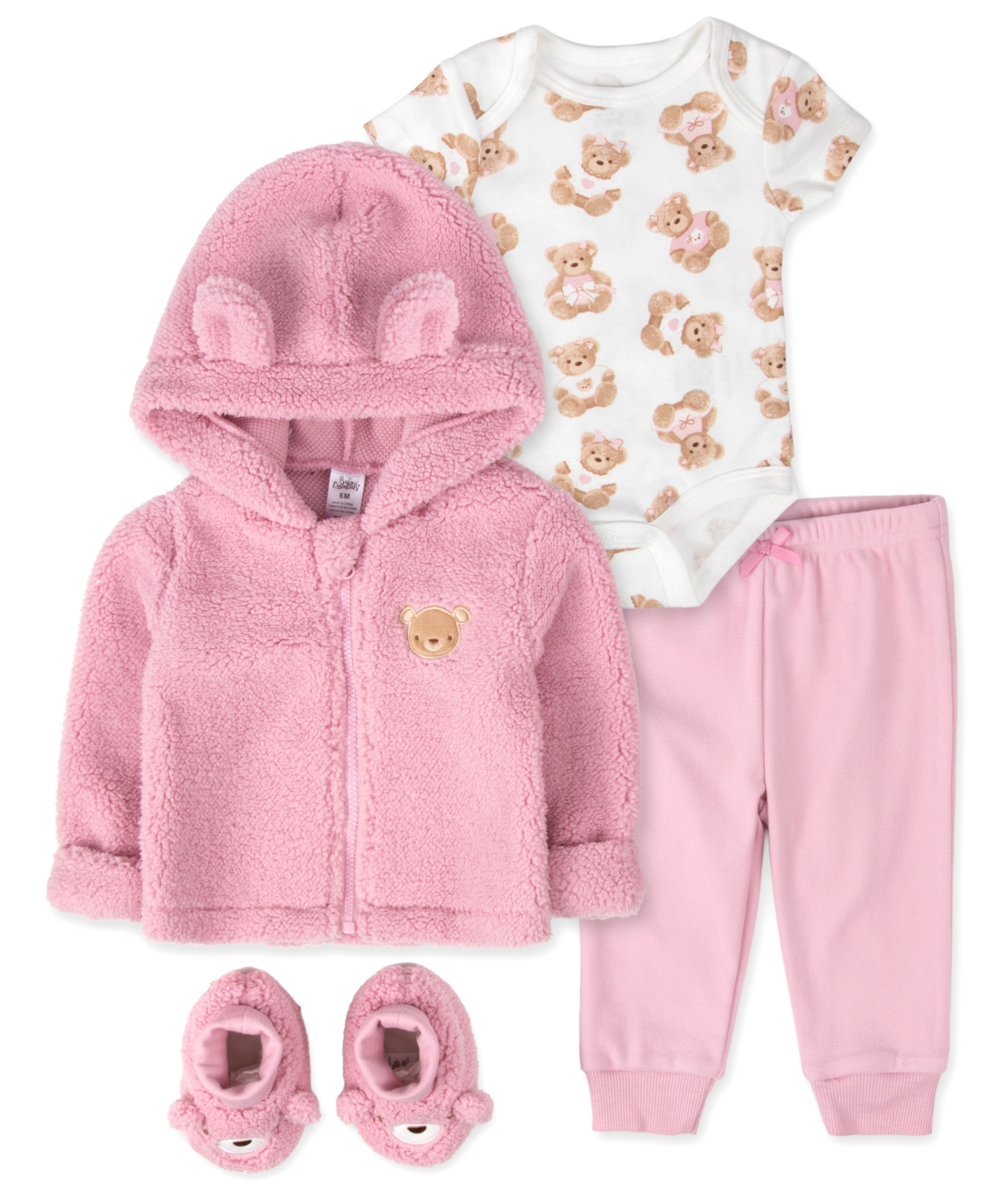 Baby Essentials Girls' Hooded Plush Embroidered Teddy-Bear Jacket, Bodysuit, Pants and Slippers, 4-Piece Set