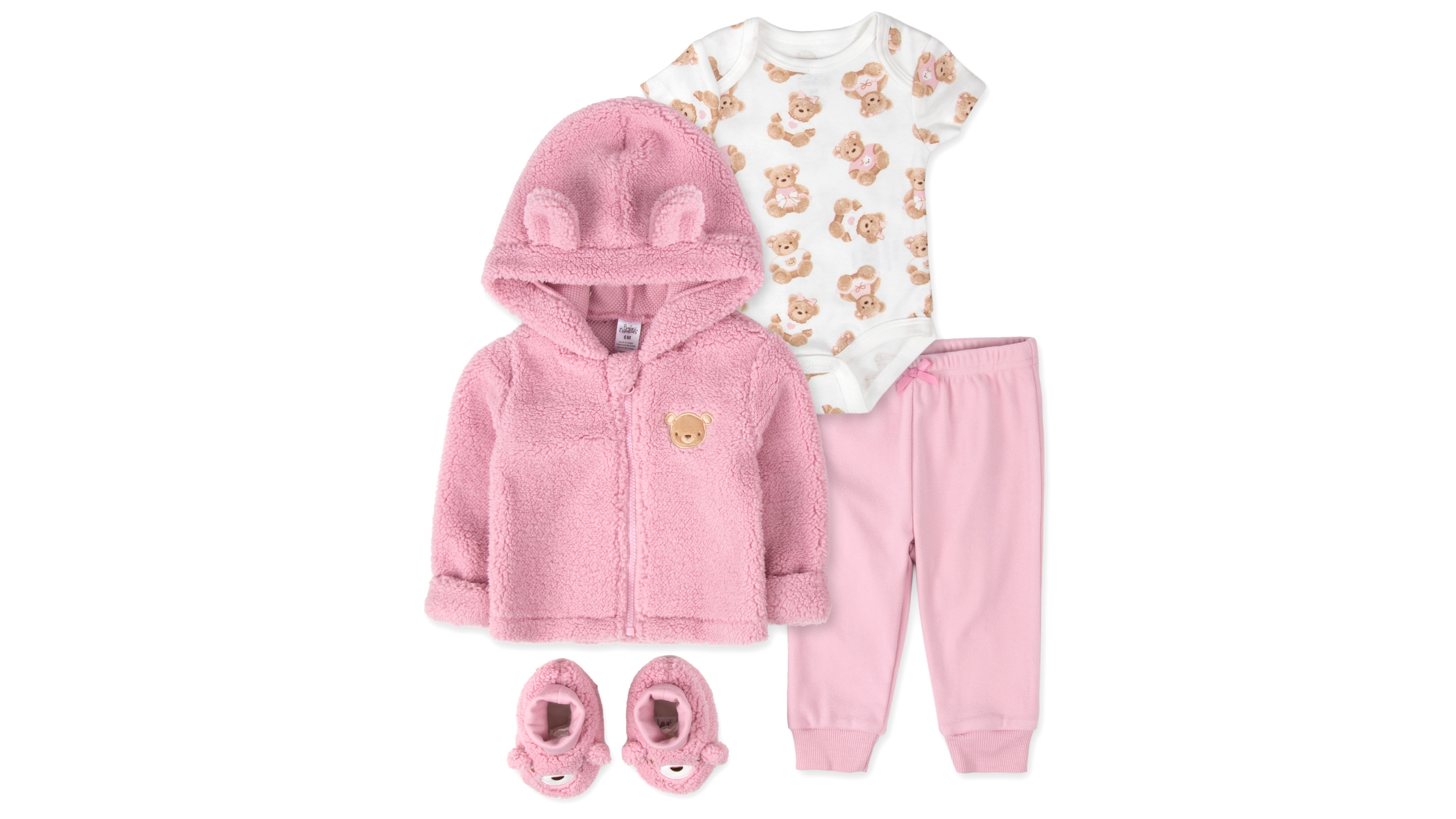 Baby Essentials Girls' Hooded Plush Embroidered Teddy-Bear Jacket, Bodysuit, Pants and Slippers, 4-Piece Set